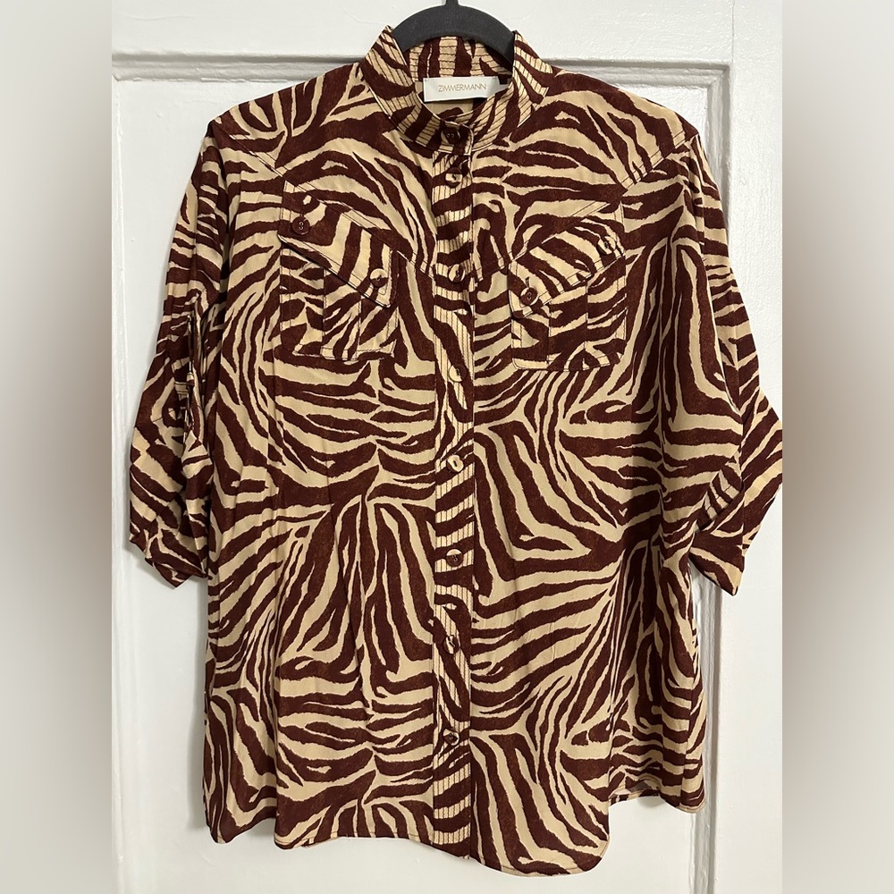 Zimmermann Silk Animal Print Shirt, Size Small